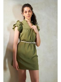 Virgio - Olive Women Crinkle Texture Relaxed Fit Mini Dress