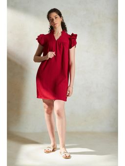 Virgio - Red Women Crinkle Texture Ruffled Sleeve Dress