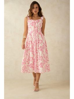 Virgio - Pink Women Linen Floral Midi Dress