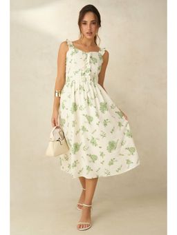 Virgio - White Women Linen Printed Sleeveless Midi Dress