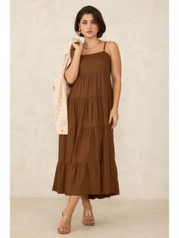 Virgio - Brown Women Linen Strappy Tiered Dress