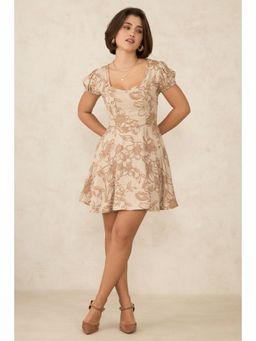 Virgio - Beige Women Linen Short Puff Sleeve Mini Dress