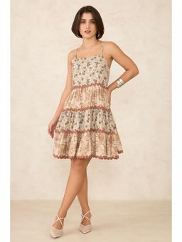 Virgio - Beige Women Linen Sleeveless Tiered Mini Dress