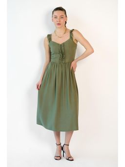 Virgio - Olive Women Linen Midi Ruffle Dress