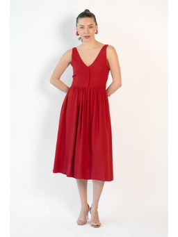 Virgio - Red Women Linen Gathered Dress