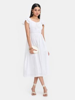 Virgio - White Women Dobby Fit and Flare Dress