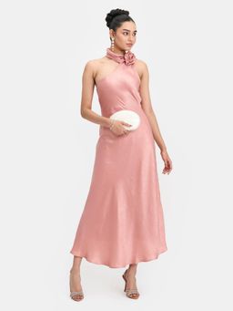Virgio - Peach Women Satin Stretch Rose Detail Sash Slim Dress