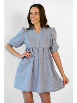 Virgio - White Women Cotton Shirt Stripped Fit and Flare Dress
