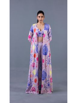 GAGAN VOHRA - Purple Viscose V-Neck Printed Top with Pant and Cape