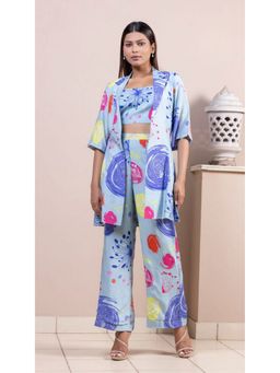 GAGAN VOHRA - Blue Shawl Lapel Printed Top with Pant and Jacket
