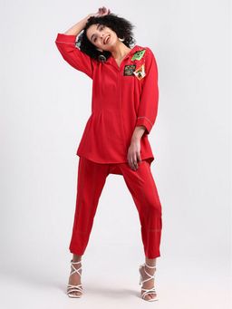 GAGAN VOHRA - Red Collar Neck Solid/Plain Co-Ord Set