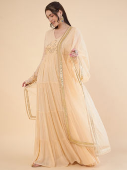 ADORNIA - V-Neck Gathered Tiered Georgette Maxi Ethnic Dress with Organza Dupatta (Set of 2)