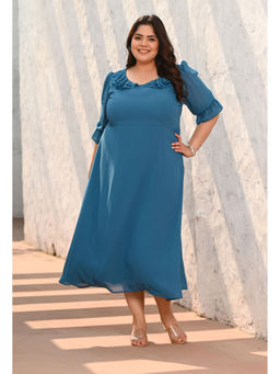 Desi Noor - Plus Size Firozi Princess Cut Frill Dress