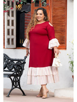 Desi Noor - Plus Size Maroon Cold Shoulder Dress with Frill
