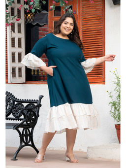 Desi Noor - Plus Size Teal Cold Shoulder Dress with Frill