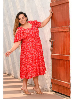 Desi Noor - Plus Size Red Abstract Print Cold Shoulder Dress