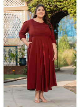 Desi Noor - Plus Size Rust Tailored Pintuck Flared Dress