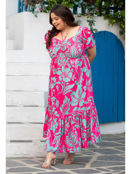 Desi Noor - Plus Size Hot Pink Floral Gather Dress