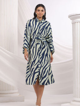 KAFTANIZE - Navy Blue / Off White Abstract Printed Shirt Collar Tassel Detailed Tie Front Midi