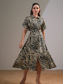 KAFTANIZE - Forest Green / Beige Color Abstract Printed Shirt Collar Short Sleeve Midi Dress