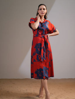KAFTANIZE - Navy Blue Bold Abstract Floral Printed Notch Collar Hort Sleeve Midi Dress