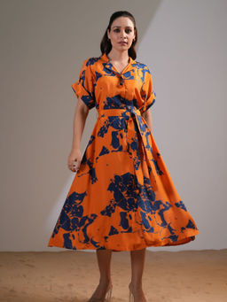 KAFTANIZE - Orange and Navy Blue Bold Abstract Printed Notch Collar Short Sleeve Midi Dress