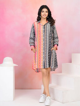 KAFTANIZE - Multi Color Printed Button Front Pleated Full Sleeve Shirt Dress In Viscose