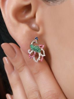 Zavya - Majestic Peacock Rhodium Plated 925 Sterling Silver Earrings