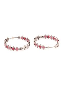 Voylla - Fashion Trendy Hoops Tilt Square Pattern Silver Plated Dual Pink Shaded Brass Earrings
