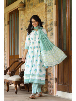 PIROH - Womens Cotton Floral Print Anarkali Kurta-Pant With Dupatta White and Blue (Set of 3)