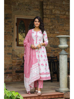 PIROH - Womens Cotton Floral Print A-Line Kurta Pant Dupatta White and Pink (Set of 3)