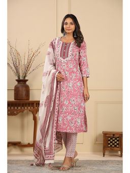 PIROH - Womens Cotton Floral Print Straight Kurta Pant Dupatta Pink (Set of 3)