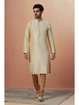 Manyavar - Art Silk Fawn Printed Mandarin Collar Kurta with Pencil Pajama (Set of 2)