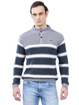 Cantabil - Men Blue and Grey Striped Sweater