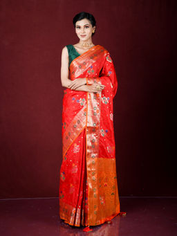 EXCLUSIVA - Red Zari Woven Work Banarasi Saree with Unstitched Blouse