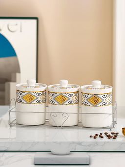 Ekhasa - White Ceramic Jars with Lid & Stand, 700Ml (Set Of 4)
