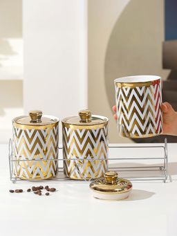 Ekhasa - Gold Ceramic Jars with Lid & Stand for Storage, 700Ml (Set Of 4)