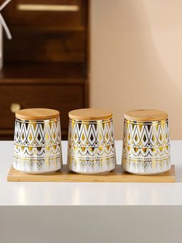 Ekhasa - Gold Ceramic Jars with Bamboo Lid with Tray, 650Ml, (Set Of 4)
