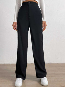 BROADSTAR - Women's High-Rise Stretchable Black Loose Fit Korean Trouser