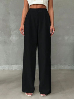 BROADSTAR - Women's High-Rise Stretchable Black Relaxed Fit Korean Trouser