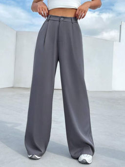 BROADSTAR - Women's High-Rise Stretchable Dark Grey Loose Fit Korean Trouser