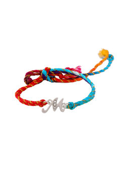 Estele - Rhodium Plated Artistic 'M' Initials Designer Rakhi with Crystal & Silk Thread