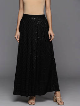 Libas - Black Viscose Rayon Embroidered Embellished Sequins Skirt