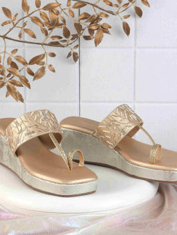 Mochi - Women Gold Festive Slip-On Wedges