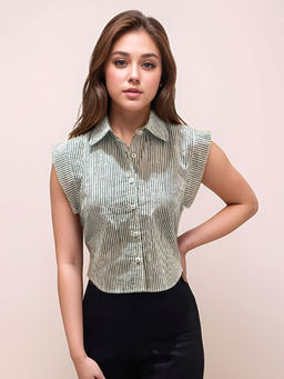 Zink London - Women Green Stripes Crop Shirt