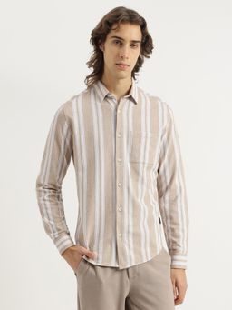 United Colors of Benetton - Slim Fit Spread Collar Striped Grindle Knit Shirt - Beige