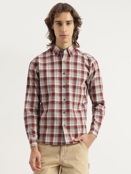 United Colors of Benetton - Regular Fit Button Down Checkered Waffle Maroon Shirt