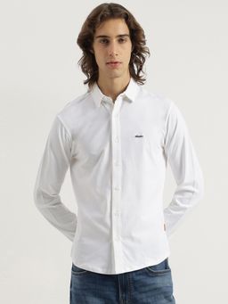 United Colors of Benetton - Slim Fit Spread Collar Solid White Jersey Knit Shirt