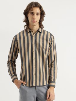 United Colors of Benetton - Regular Fit Spread Collar Striped Mock Khaki Shirt