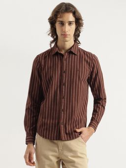 United Colors of Benetton - Regular Fit Spread Collar Striped Brown Shirt